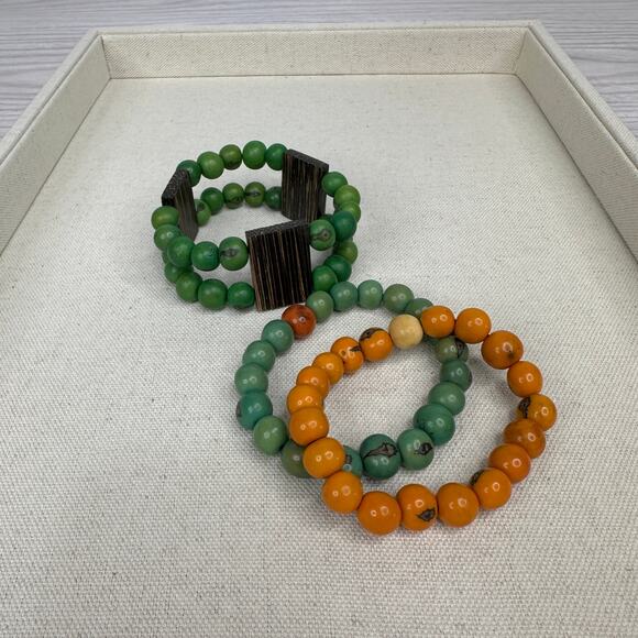 Set of 3 Lucky Wooden Beads Bracelet Orange Green Elastic Fashion Protection - Picture 3 of 5